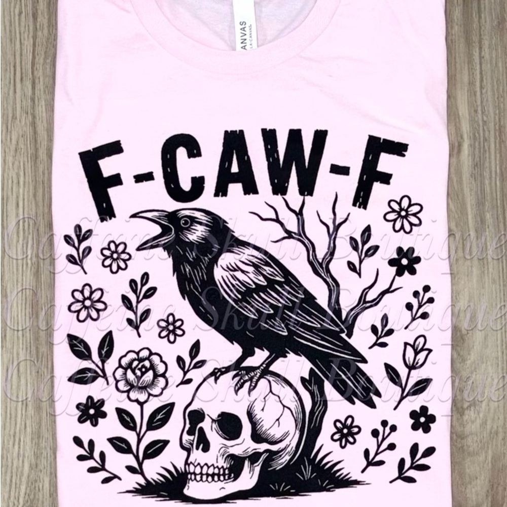 Bella Canvas Pink Short Sleeve Tee with Black Raven Skull Graphic f-caw-f